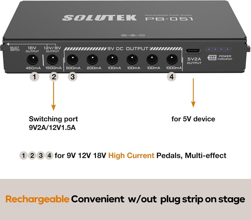 SOLUTEK Rechargeable Guitar Pedal Power Supply | 12800 High-Current 2000mA 9V 12V 18V 5V for Pedal Board and More Devices | Compact Convenient Quiet Powerful Model PB-051 - Image 3